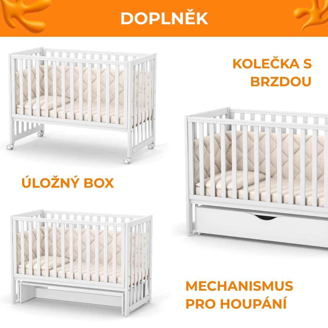 Sada. Dětská postýlka Sleeppo Gekko Kids 120x60 s kvalitní matrací. Bílá